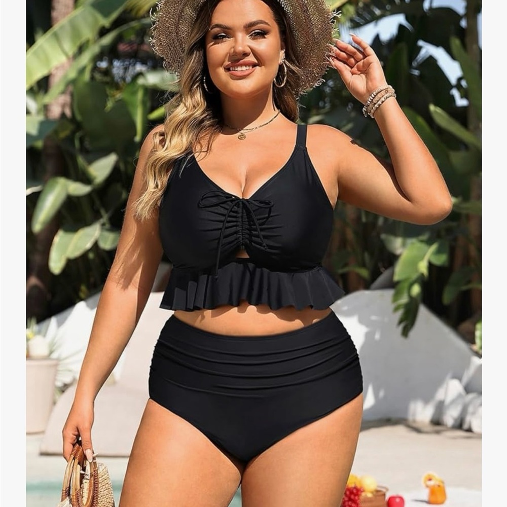 Black Ruched Swimsuit Set